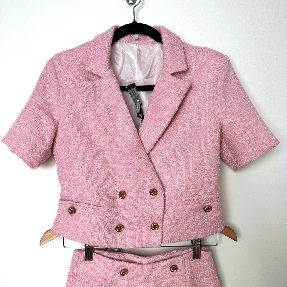 Baby Pink Cropped Tweed Short Sleeve Double Breasted High Rise Shorts Co-Ord Set - Picture 2 of 12